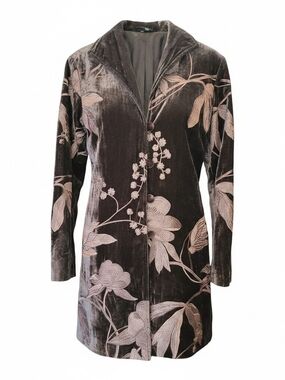 Daniela Tovazzi Velvet Floral Long Jacket - Brown with Pink Embroidery